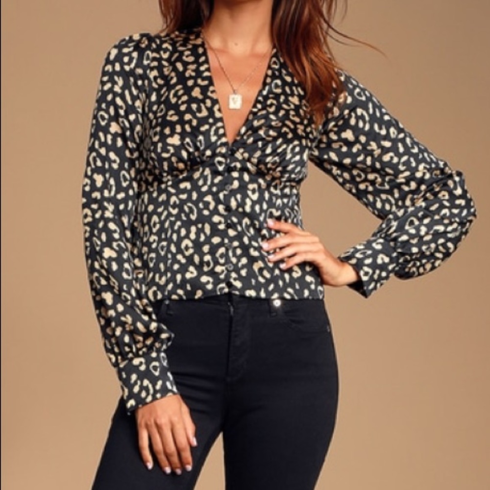Cambera Black Leopard Print Satin Crop Top - Picture 3 of 6